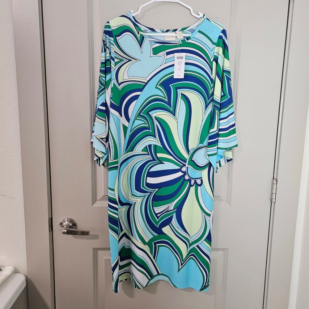 Chicos Floral Geo Short Dress Blue Multi Psychedelic Swirl Size 2 NWT NEW